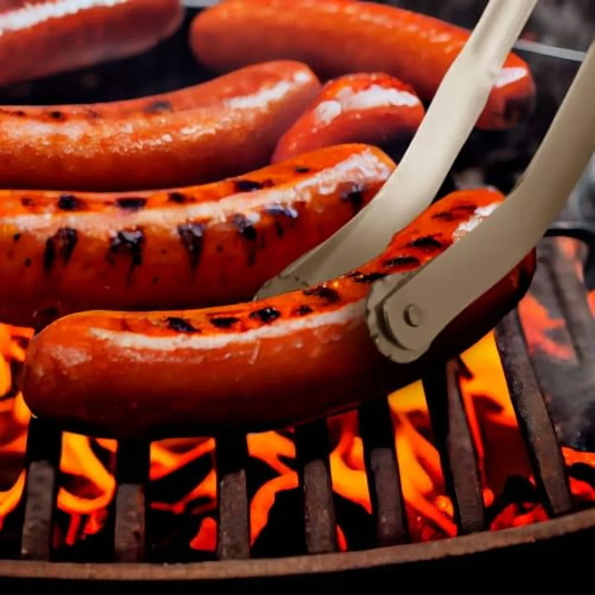 tongs turning sausage on grill